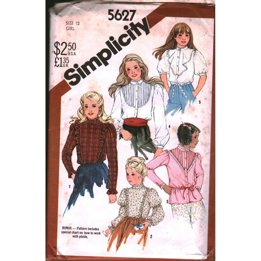 Vintage Simplicity 5627 Girls Blouse Sewing Pattern Size 12 Victorian Ruffle Top